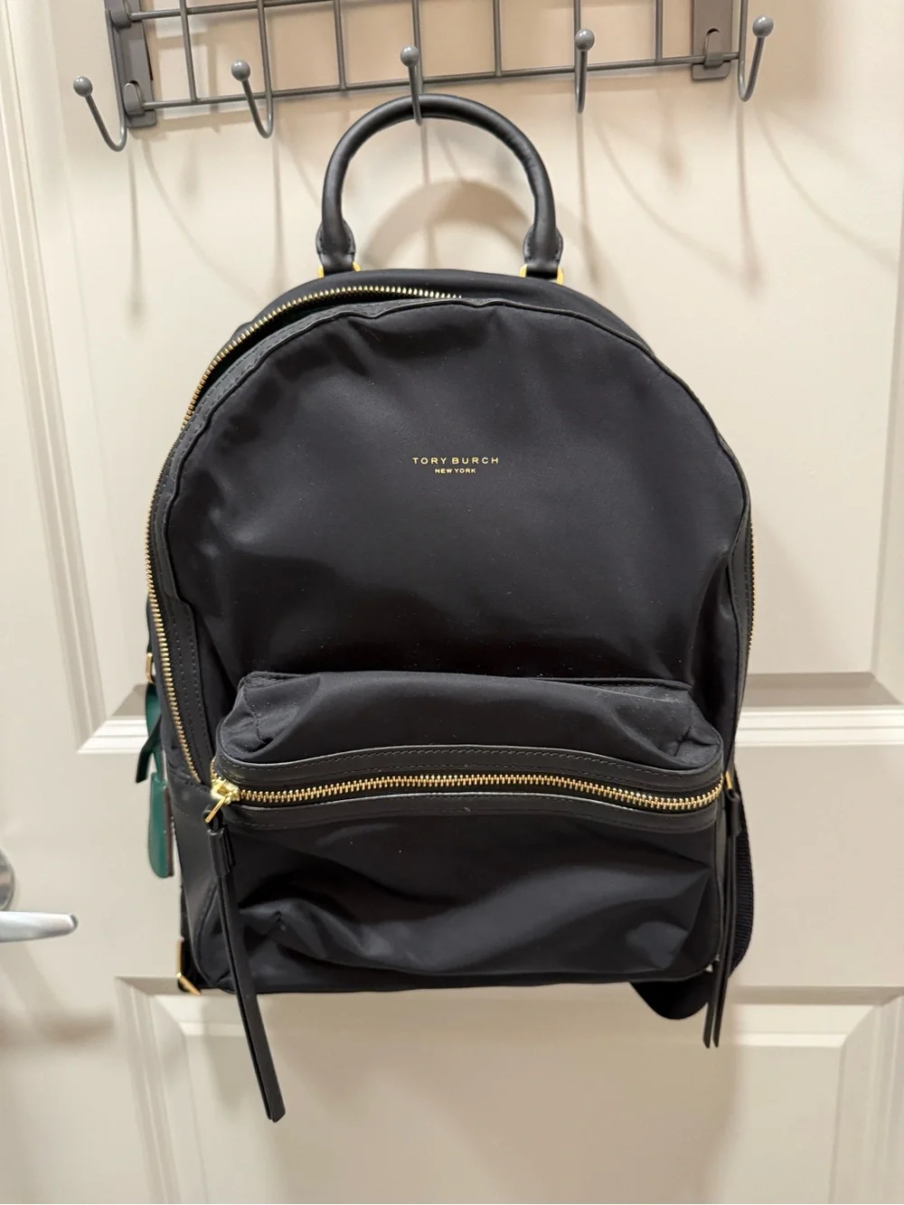 Authentic Tory Burch Quilted Black Backpack Interior with Gold Hardware Accents